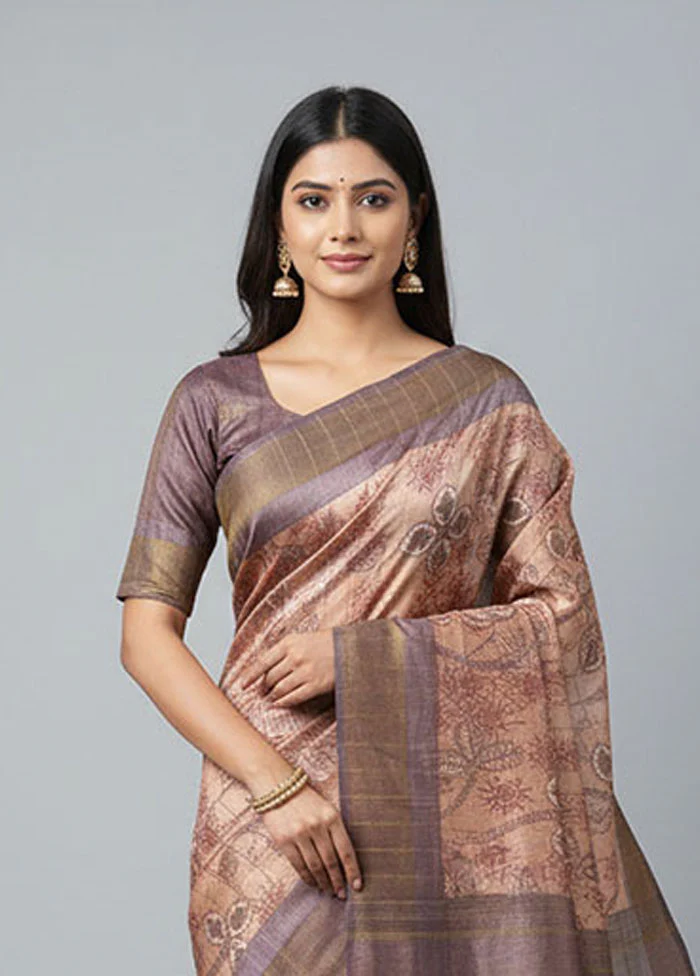 Pink Handloom Tussar Pure Silk Saree With Blouse Piece - Image 2