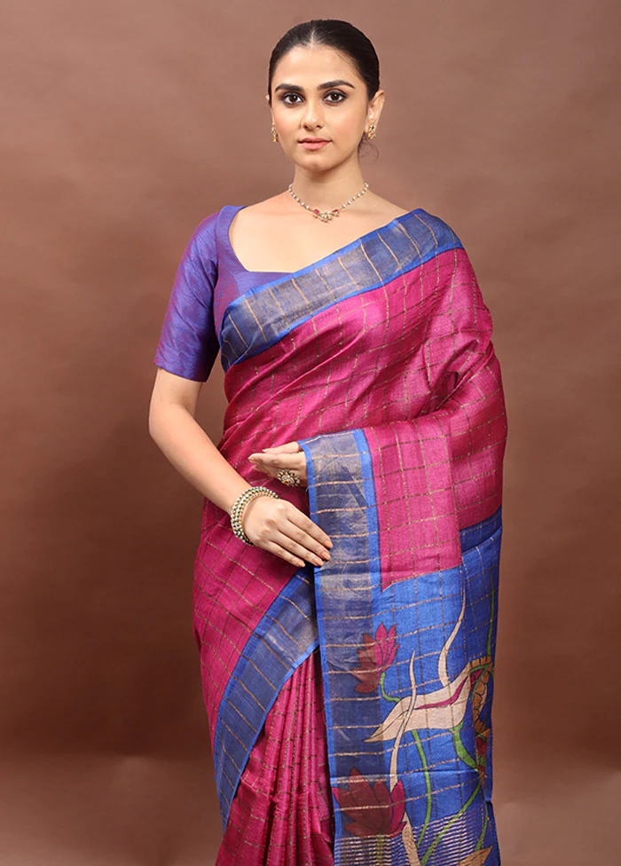 Pink Handloom Tussar Pure Silk Saree With Blouse Piece - Image 2