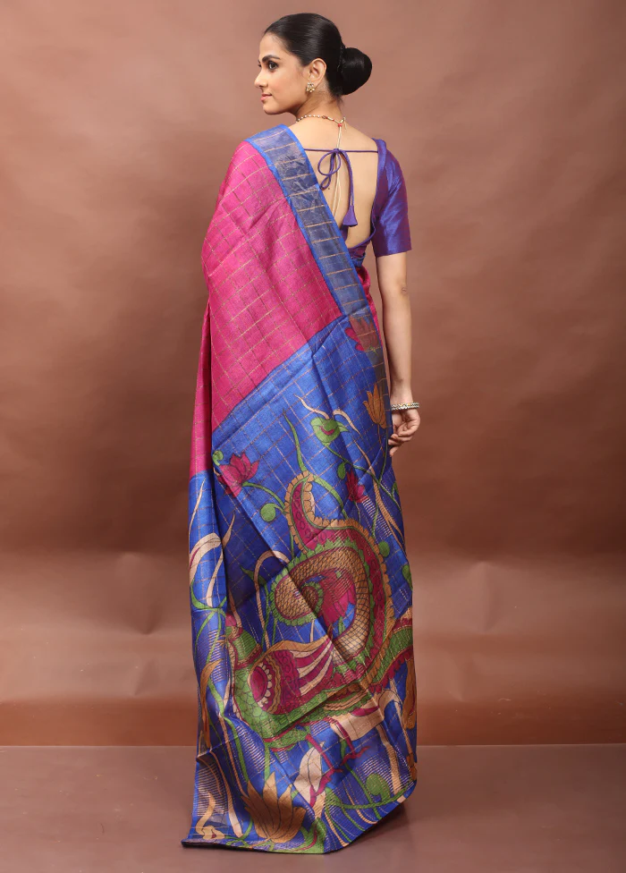 Pink Handloom Tussar Pure Silk Saree With Blouse Piece - Image 3