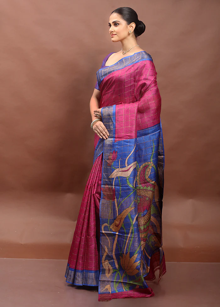 Pink Handloom Tussar Pure Silk Saree With Blouse Piece - Image 4