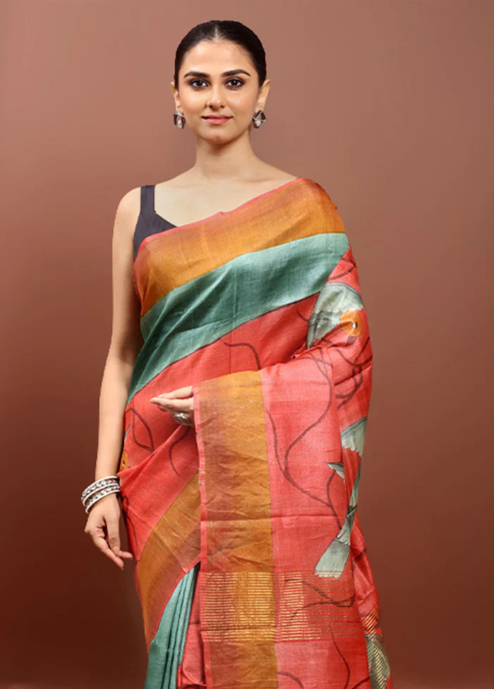 Pink Handloom Tussar Pure Silk Saree With Blouse Piece - Image 2