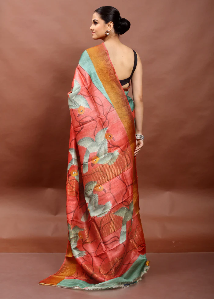 Pink Handloom Tussar Pure Silk Saree With Blouse Piece - Image 3