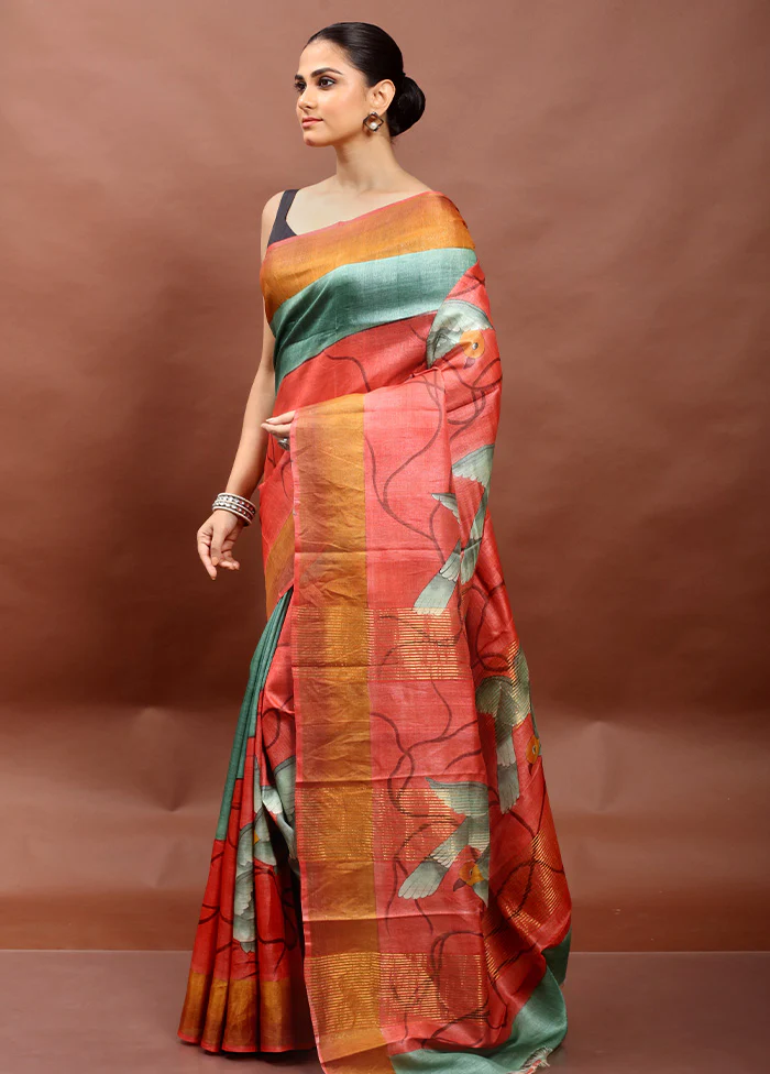 Pink Handloom Tussar Pure Silk Saree With Blouse Piece - Image 4