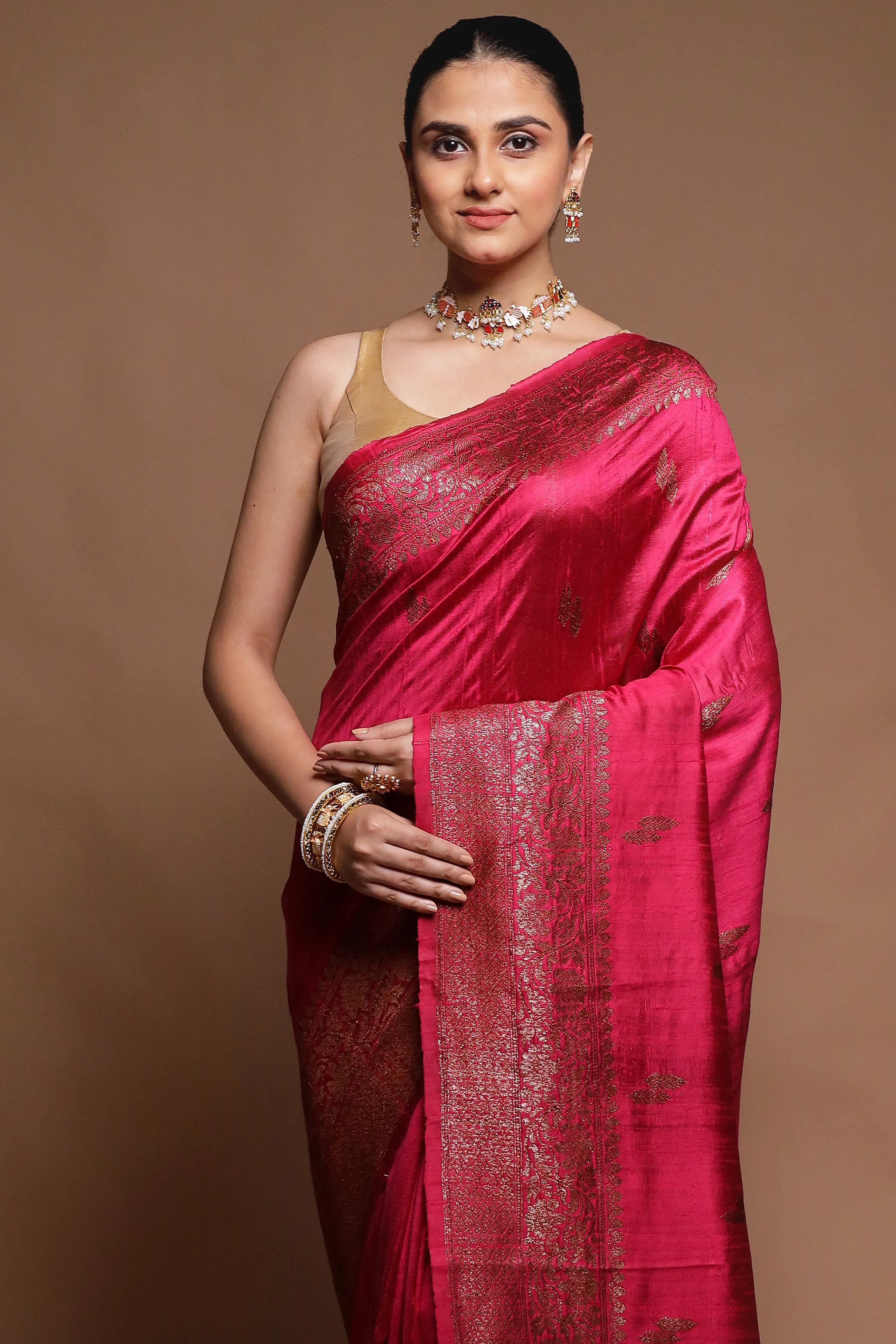 Pink Handloom Tussar Pure Silk Saree With Blouse Piece - Image 2
