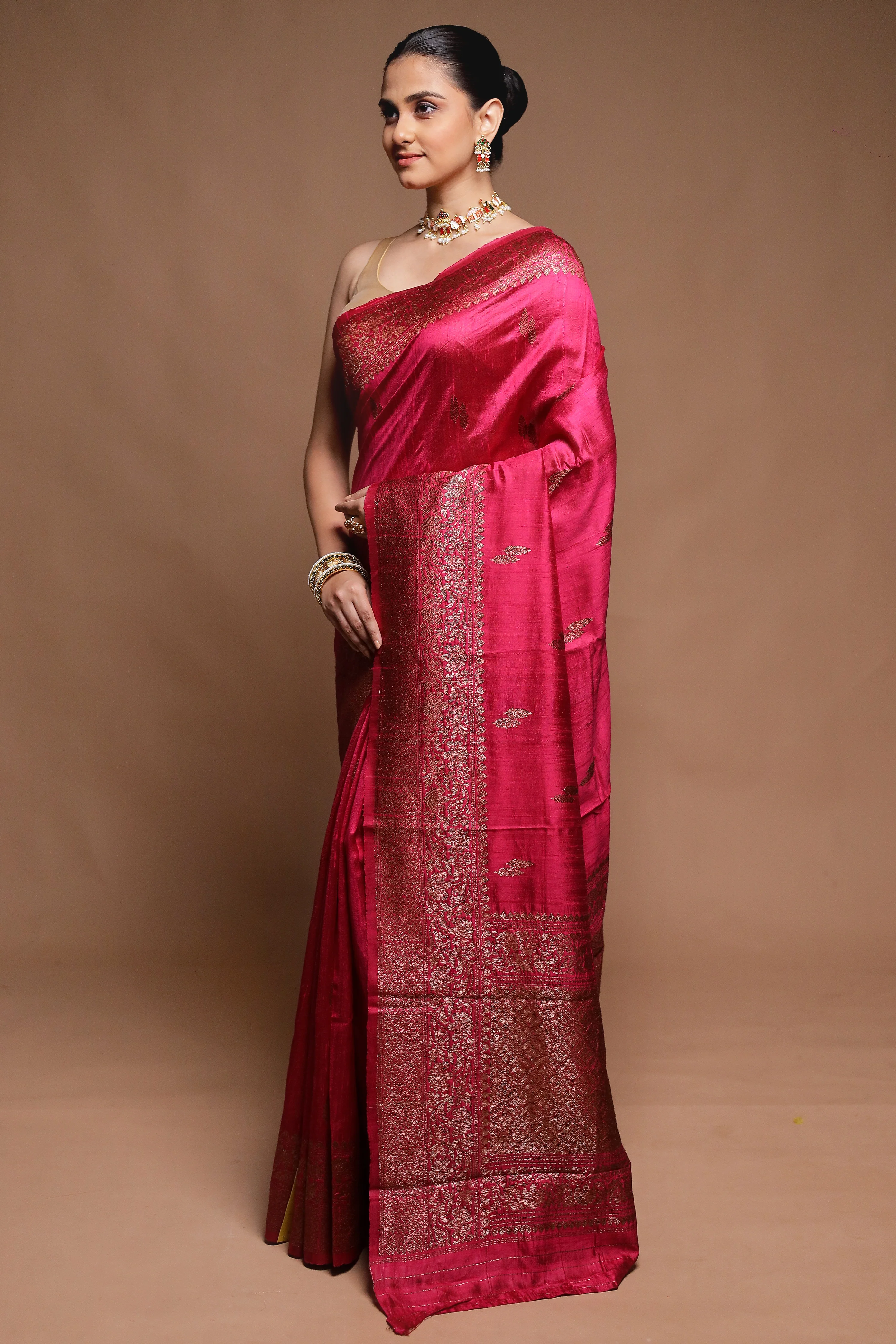 Pink Handloom Tussar Pure Silk Saree With Blouse Piece - Image 4
