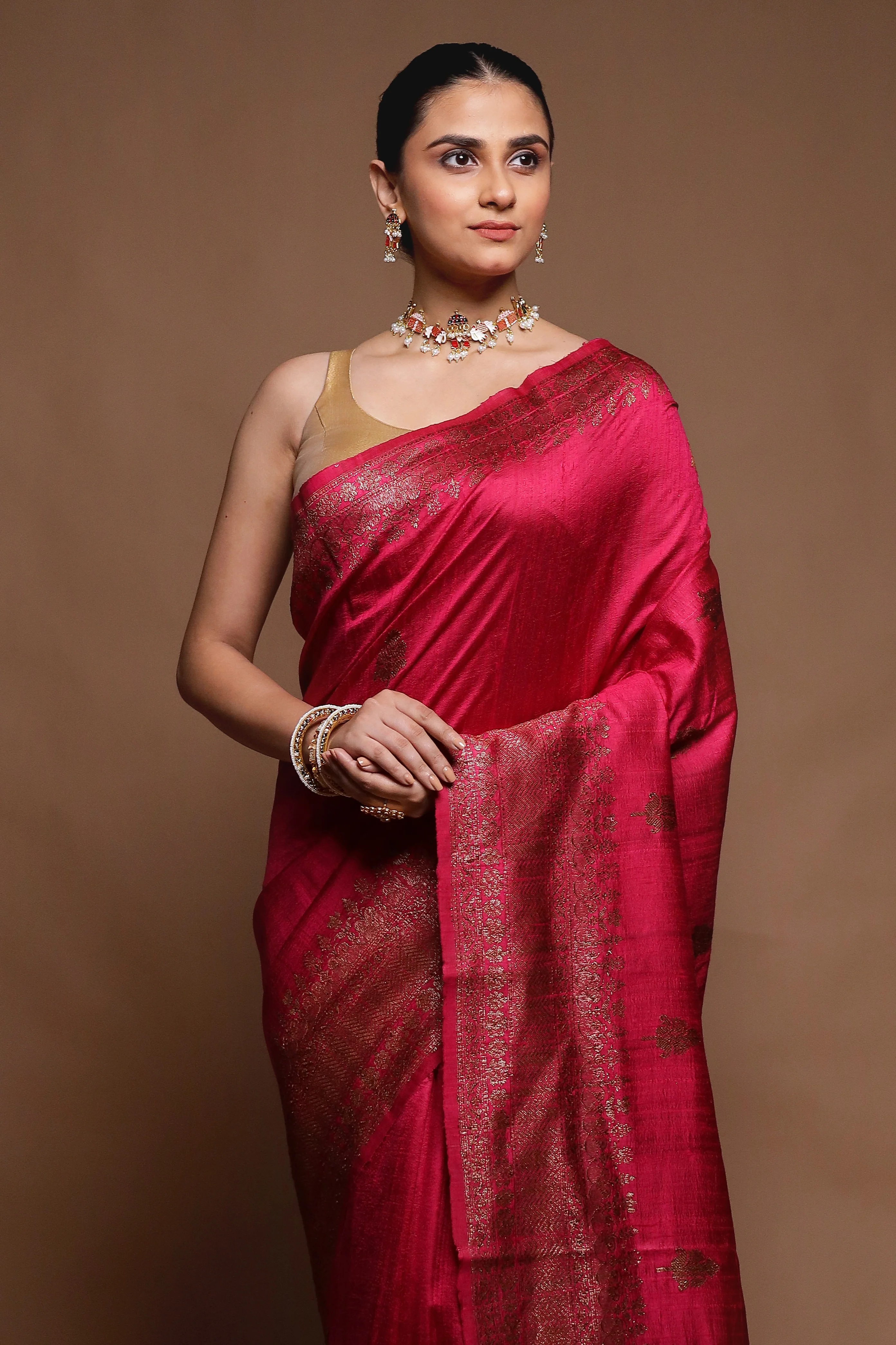 Pink Handloom Tussar Pure Silk Saree With Blouse Piece - Image 2