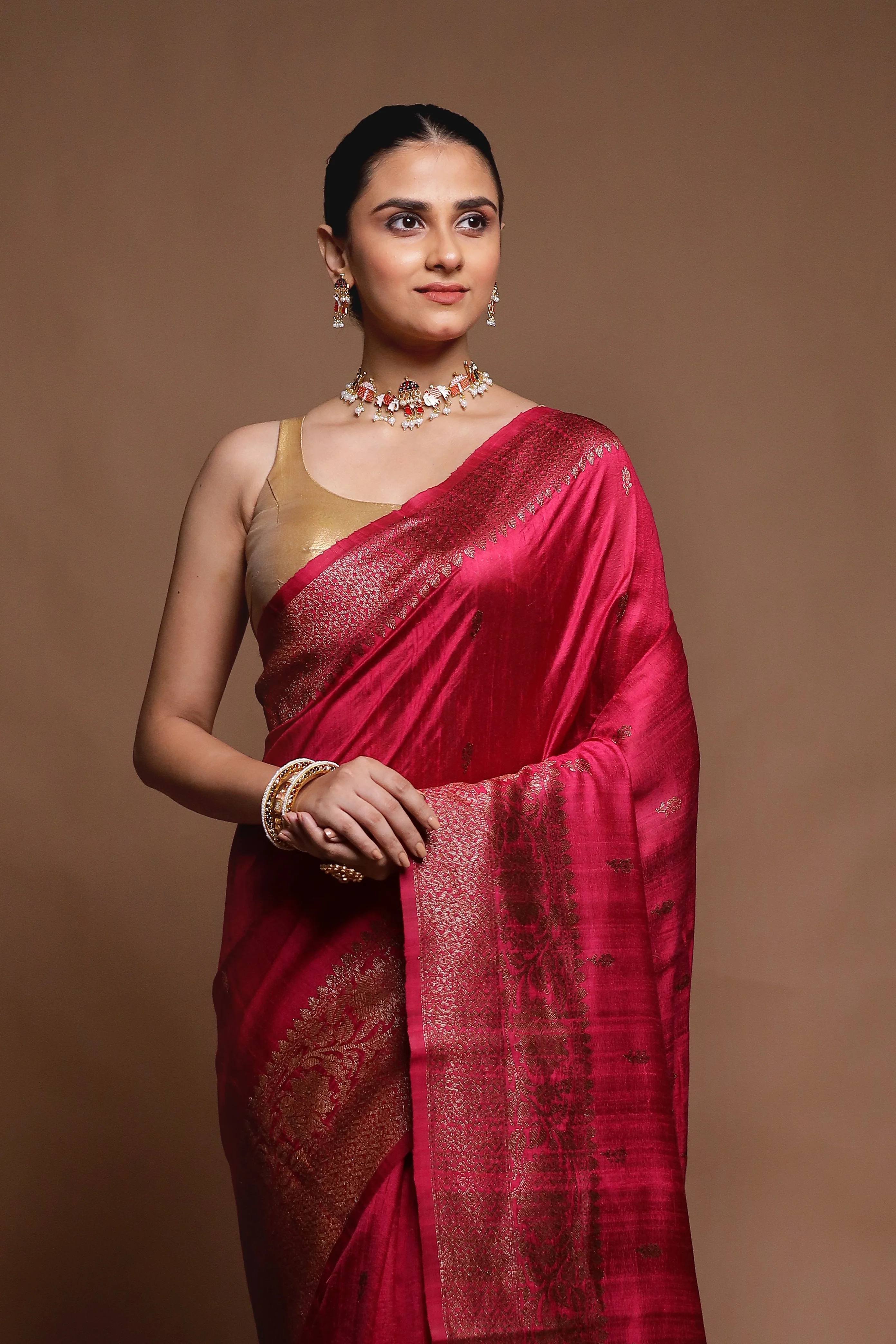 Pink Handloom Tussar Pure Silk Saree With Blouse Piece - Image 2