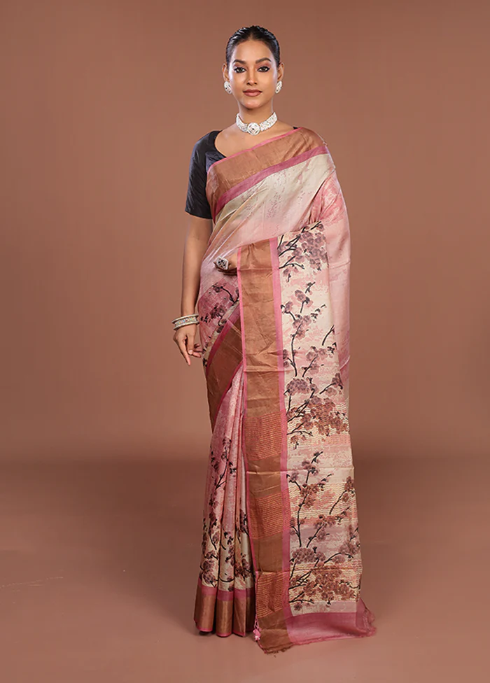 Pink Handloom Tussar Pure Silk Saree With Blouse Piece - Image 2