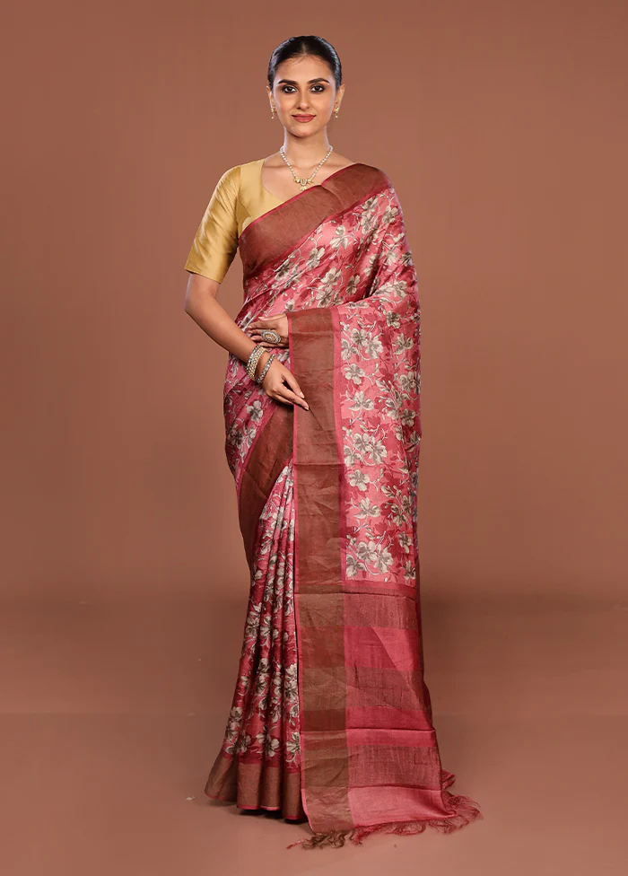 Pink Handloom Tussar Silk Saree With Blouse Piece - Image 2