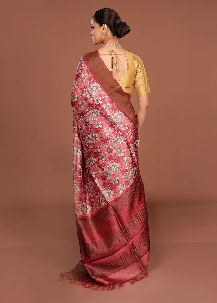 Pink Handloom Tussar Silk Saree With Blouse Piece - Image 3