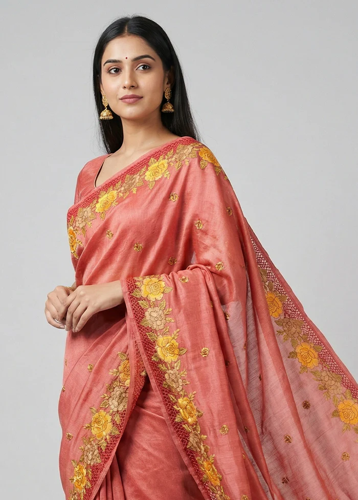 Pink Handloom Tussar Pure Silk Saree With Blouse Piece - Image 2