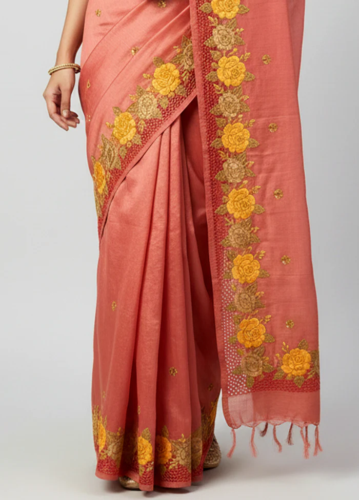 Pink Handloom Tussar Pure Silk Saree With Blouse Piece - Image 3