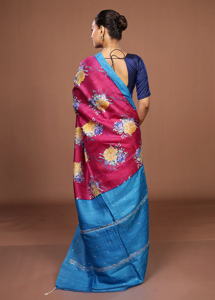 Pink Handloom Tussar Pure Silk Saree With Blouse Piece - Image 3
