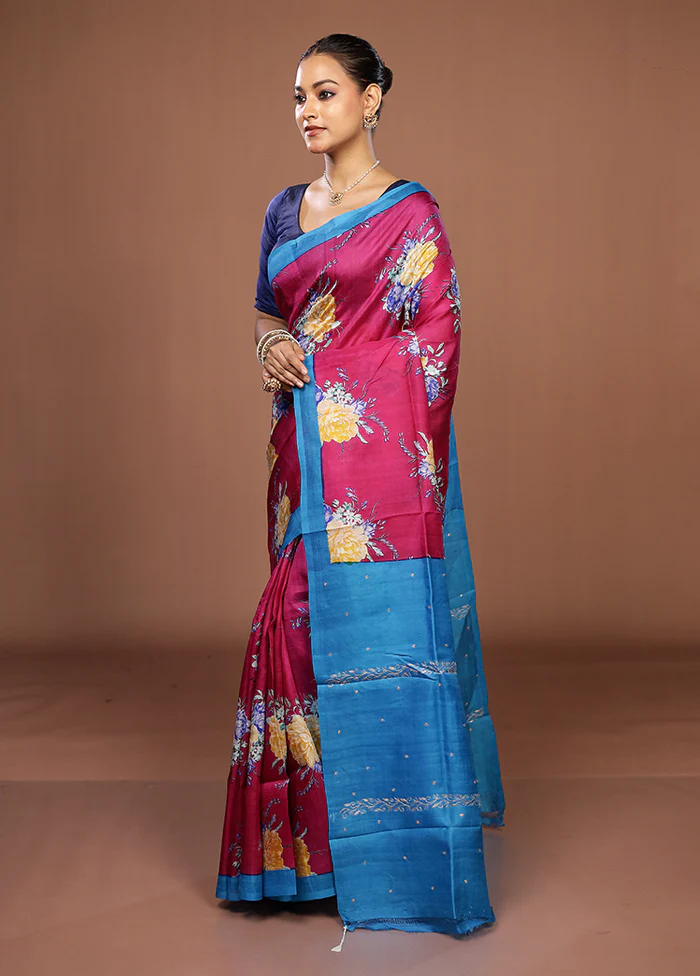 Pink Handloom Tussar Pure Silk Saree With Blouse Piece - Image 4