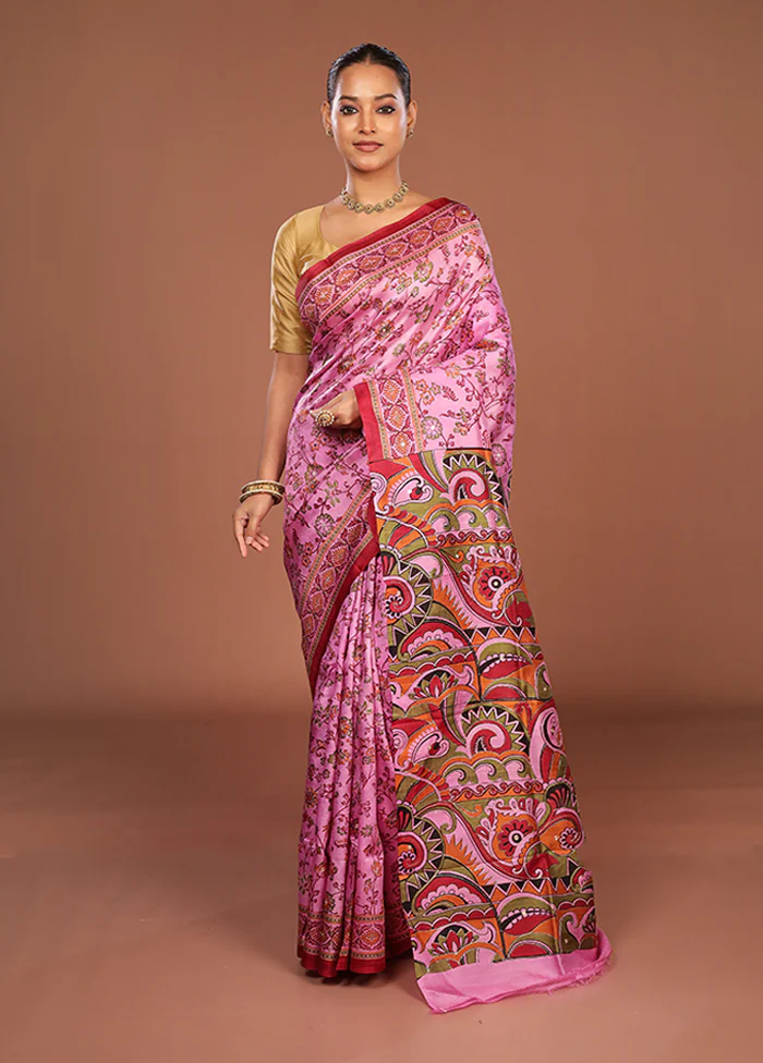 Pink Handloom Tussar Pure Silk Saree With Blouse Piece - Image 2