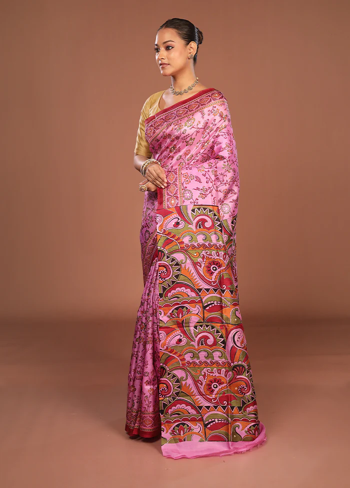 Pink Handloom Tussar Pure Silk Saree With Blouse Piece - Image 4