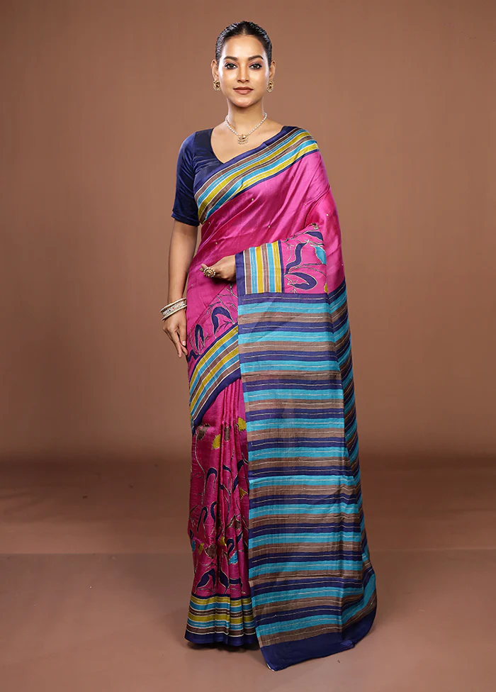 Pink Handloom Tussar Pure Silk Saree With Blouse Piece - Image 2