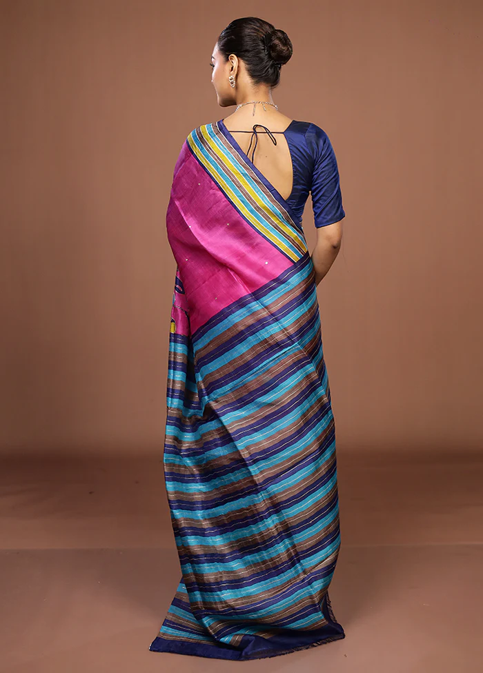 Pink Handloom Tussar Pure Silk Saree With Blouse Piece - Image 3