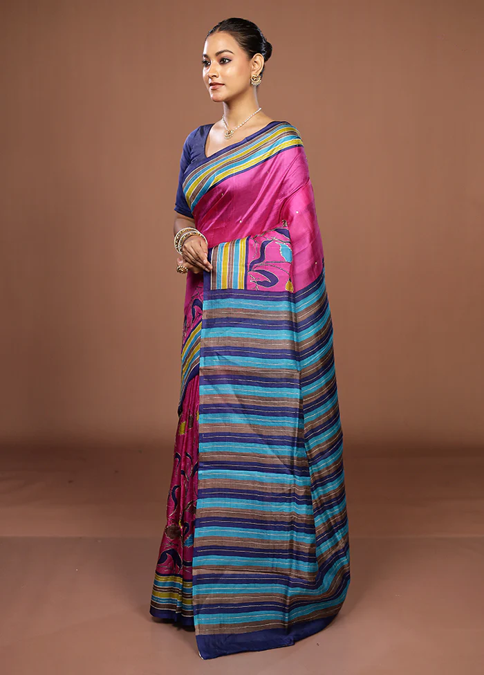 Pink Handloom Tussar Pure Silk Saree With Blouse Piece - Image 4