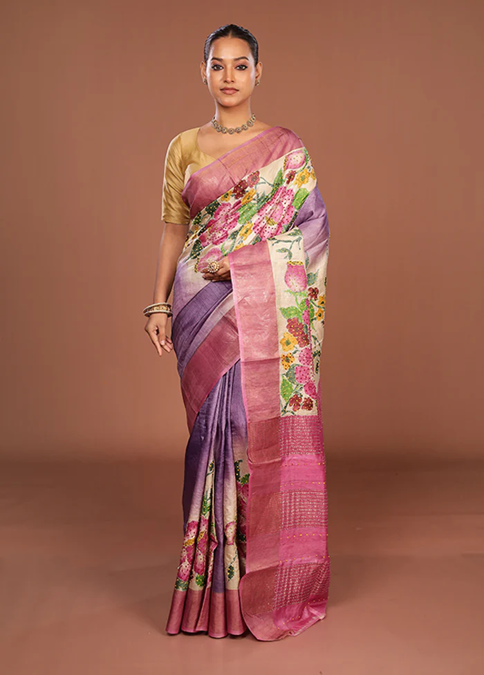 Pink Handloom Tussar Pure Silk Saree With Blouse Piece - Image 2
