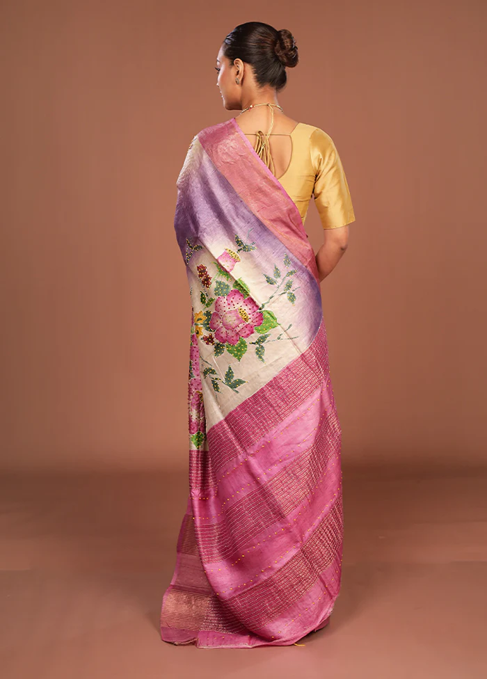 Pink Handloom Tussar Pure Silk Saree With Blouse Piece - Image 3