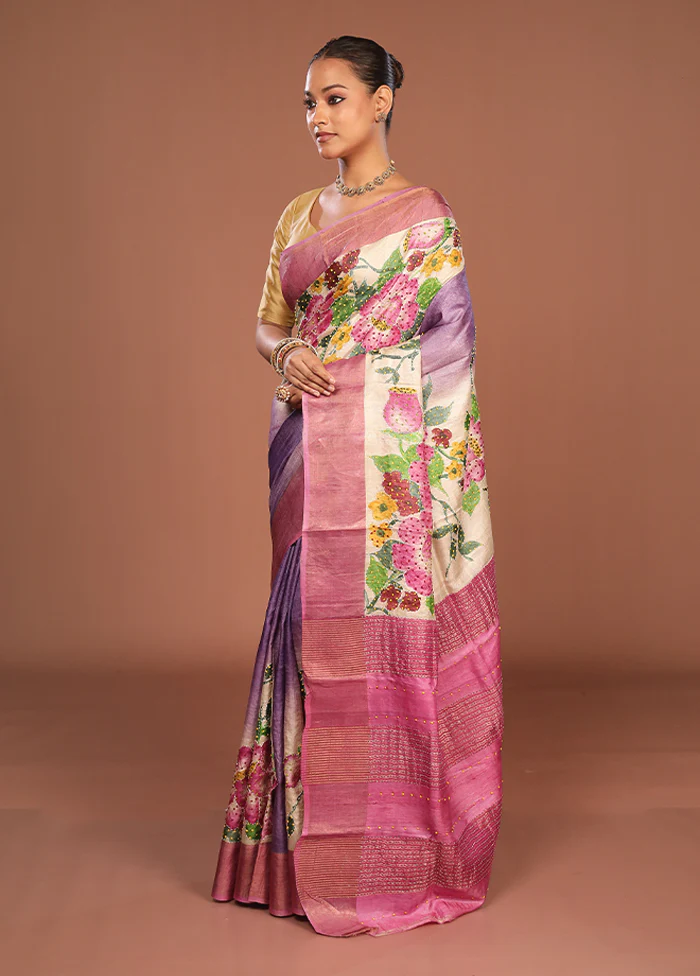 Pink Handloom Tussar Pure Silk Saree With Blouse Piece - Image 4