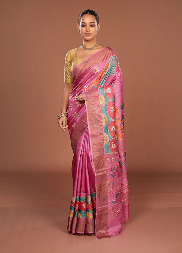 Pink Handloom Tussar Pure Silk Saree With Blouse Piece - Image 2
