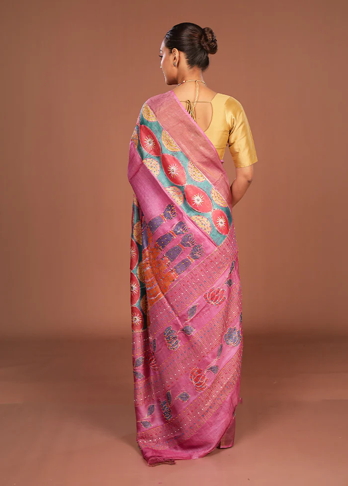 Pink Handloom Tussar Pure Silk Saree With Blouse Piece - Image 3