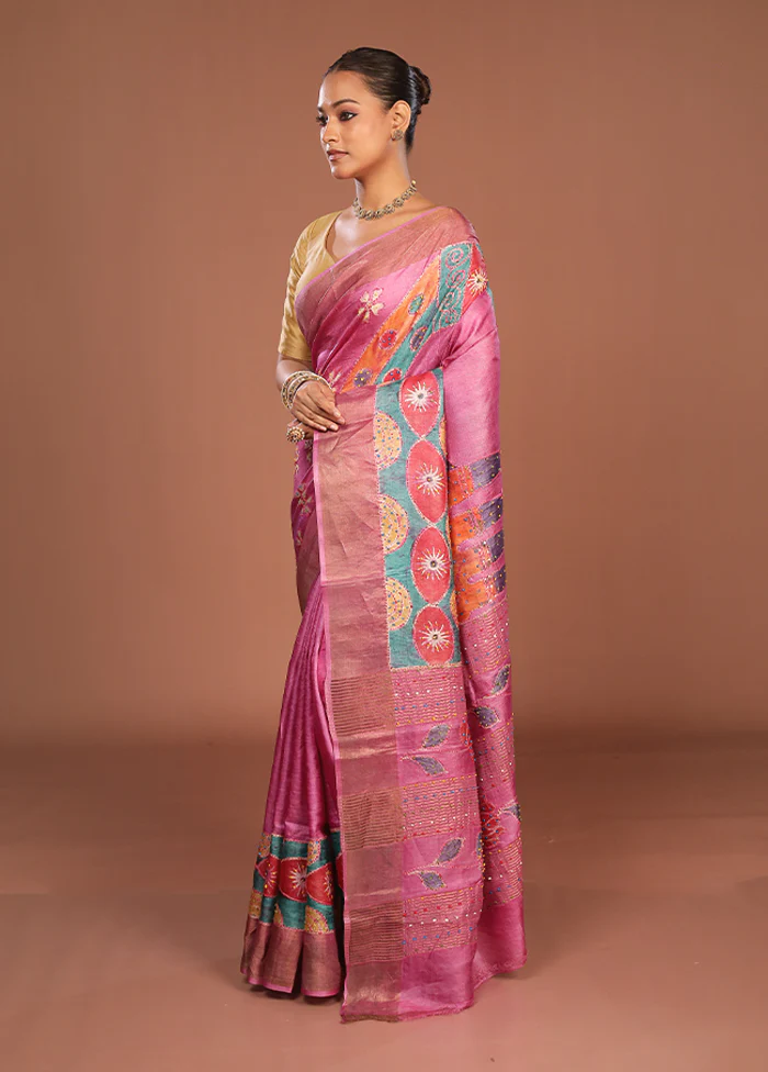 Pink Handloom Tussar Pure Silk Saree With Blouse Piece - Image 4