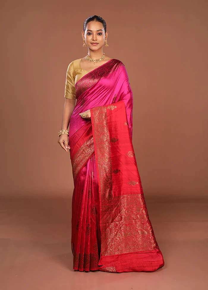 Pink Handloom Tussar Pure Silk Saree With Blouse Piece - Image 2