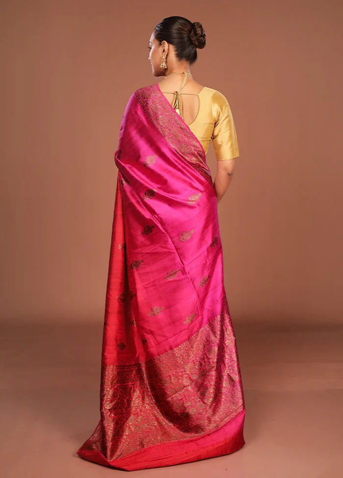 Pink Handloom Tussar Pure Silk Saree With Blouse Piece - Image 3