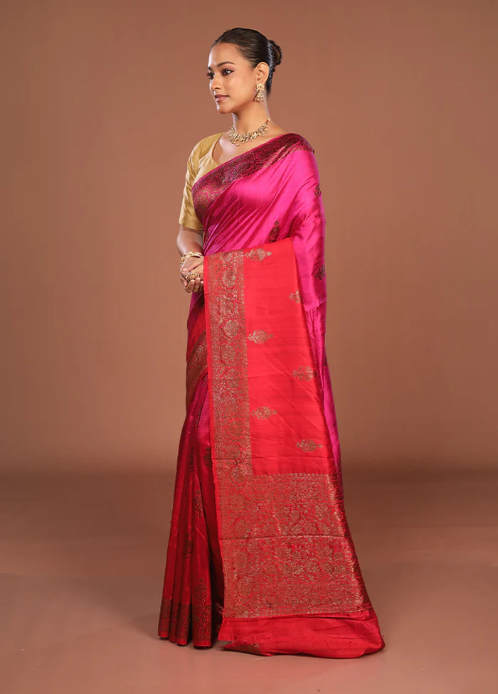 Pink Handloom Tussar Pure Silk Saree With Blouse Piece - Image 4