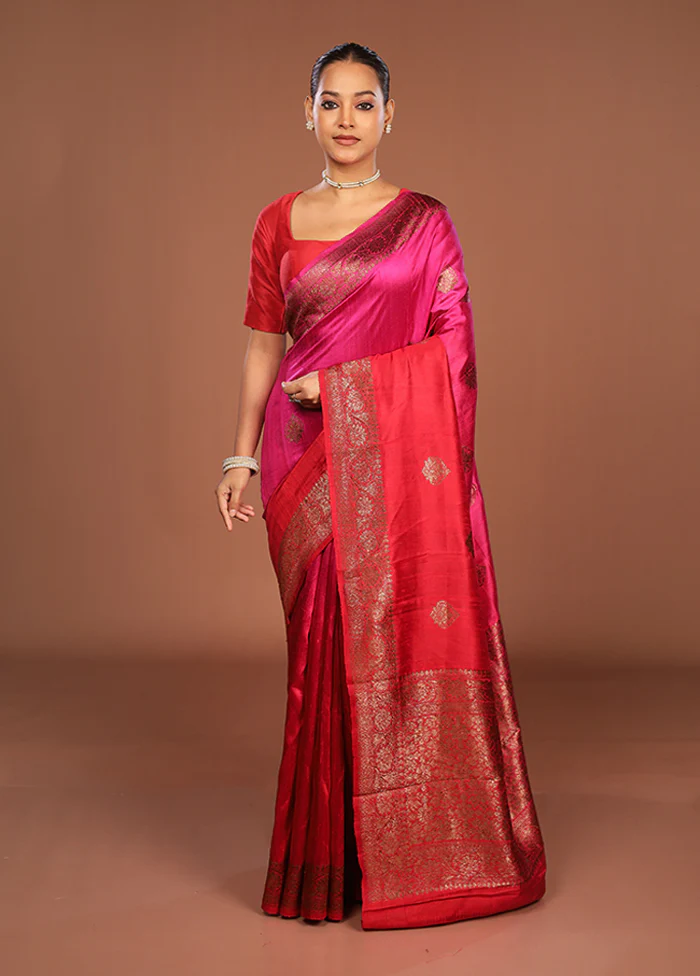 Pink Handloom Tussar Pure Silk Saree With Blouse Piece - Image 2