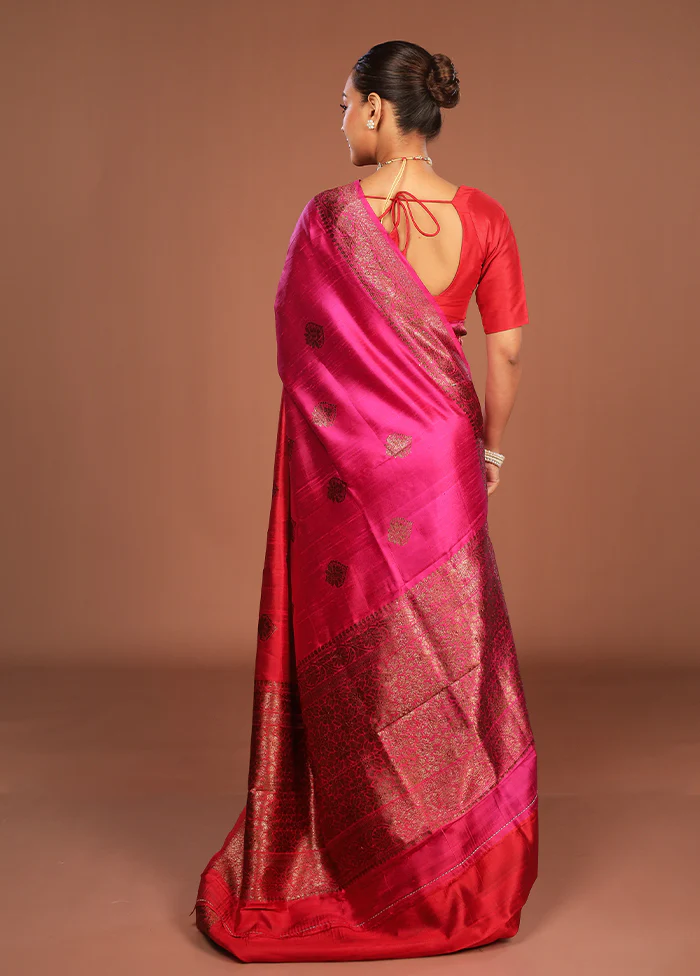 Pink Handloom Tussar Pure Silk Saree With Blouse Piece - Image 3