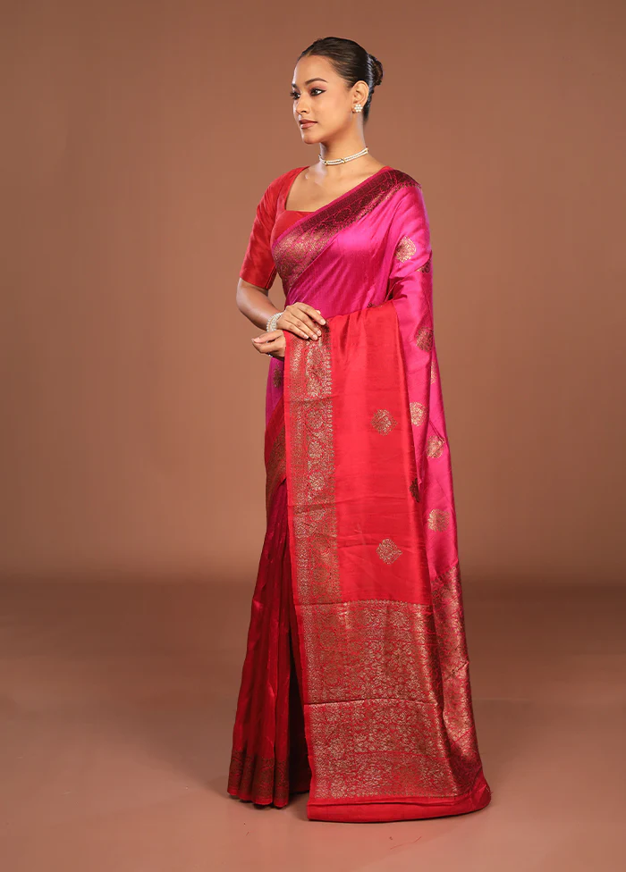 Pink Handloom Tussar Pure Silk Saree With Blouse Piece - Image 4