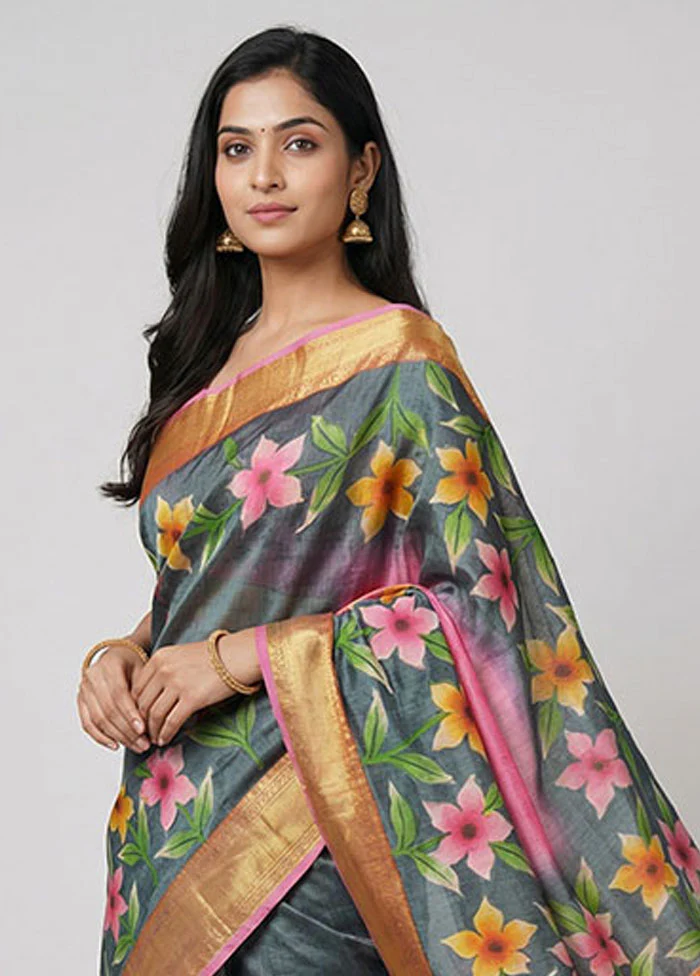 Pink Handloom Tussar Pure Silk Saree With Blouse Piece - Image 2