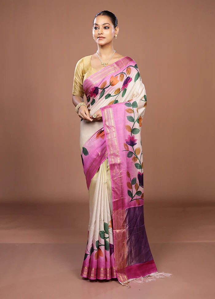 Cream Handloom Tussar Pure Silk Saree With Blouse Piece - Image 2