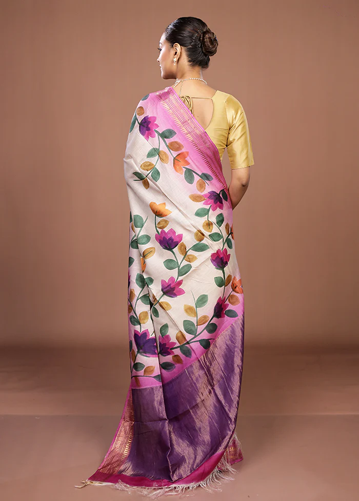 Cream Handloom Tussar Pure Silk Saree With Blouse Piece - Image 3