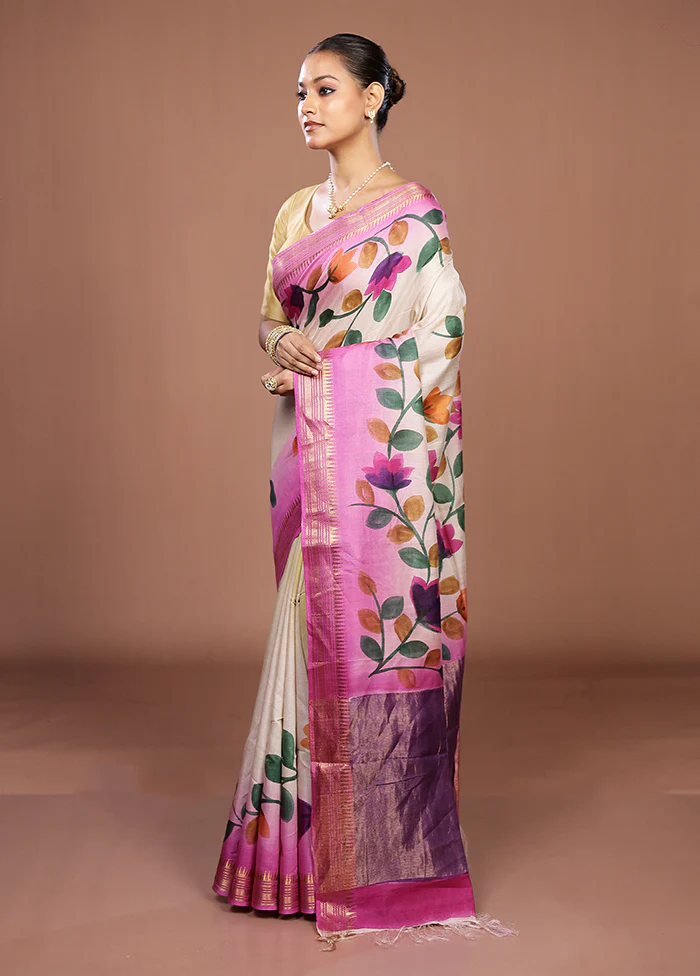 Cream Handloom Tussar Pure Silk Saree With Blouse Piece - Image 4