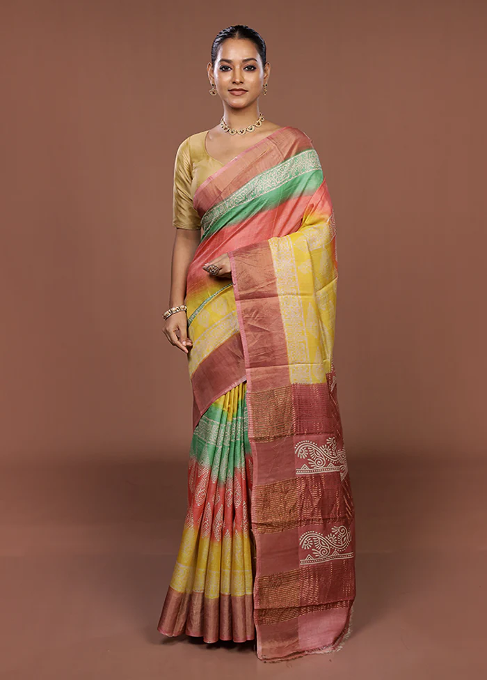Pink Handloom Tussar Silk Saree With Blouse Piece - Image 2