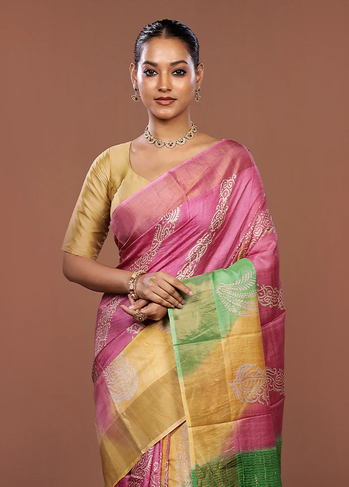 Pink Handloom Tussar Silk Saree With Blouse Piece