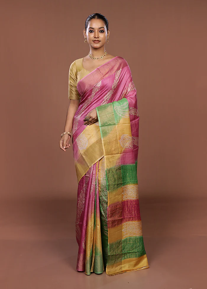 Pink Handloom Tussar Silk Saree With Blouse Piece - Image 2