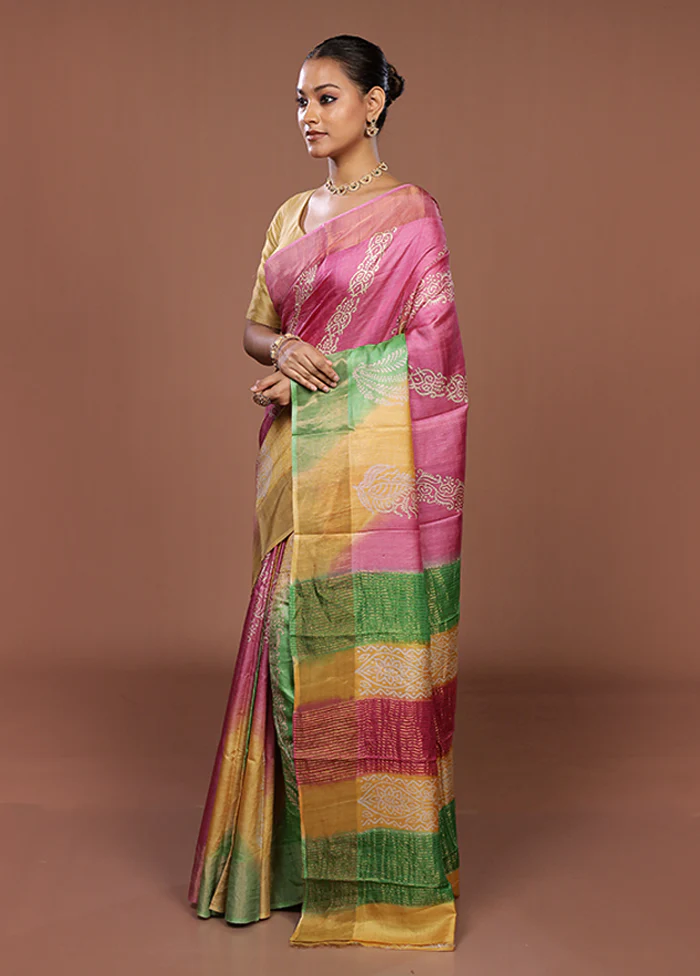 Pink Handloom Tussar Silk Saree With Blouse Piece - Image 4