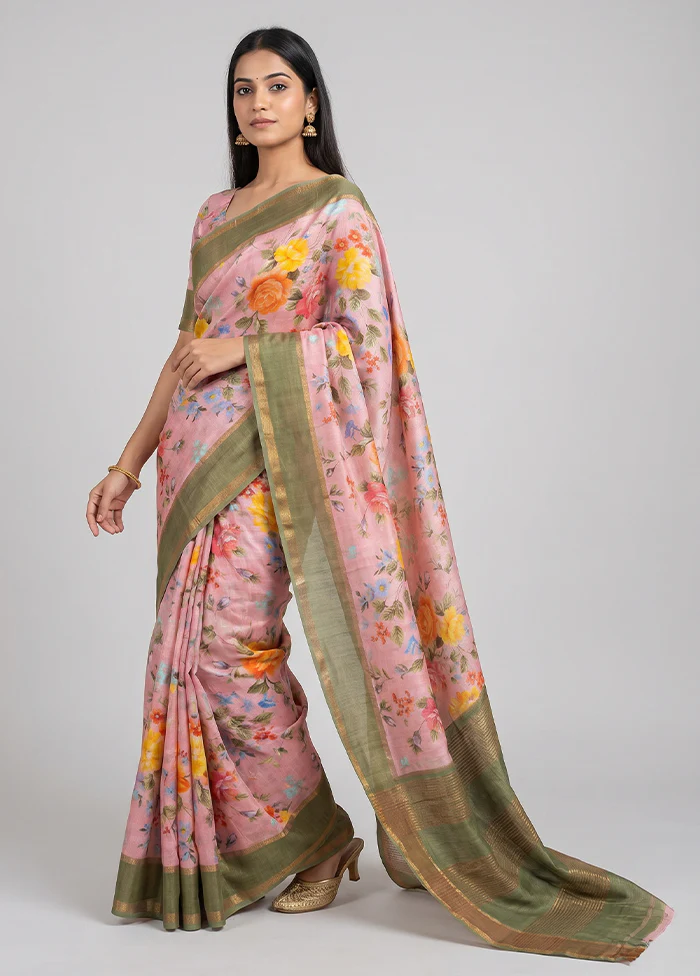 Pink Handloom Tussar Pure Silk Saree With Blouse Piece