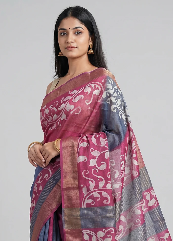 Pink Handloom Tussar Pure Silk Saree With Blouse Piece - Image 2