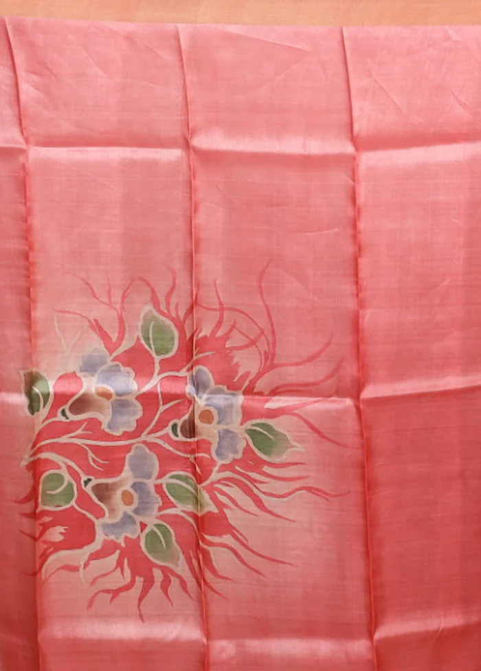 Pink Handloom Tussar Pure Silk Saree With Blouse Piece - Image 5