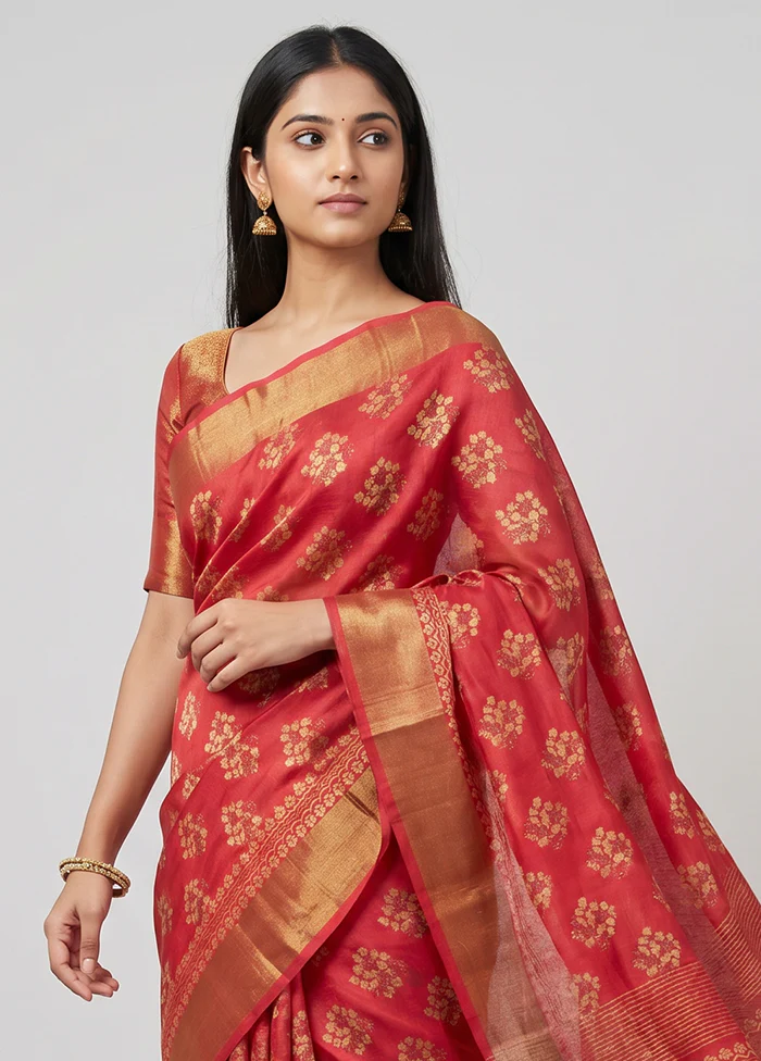 Pink Handloom Tussar Pure Silk Saree With Blouse Piece - Image 2