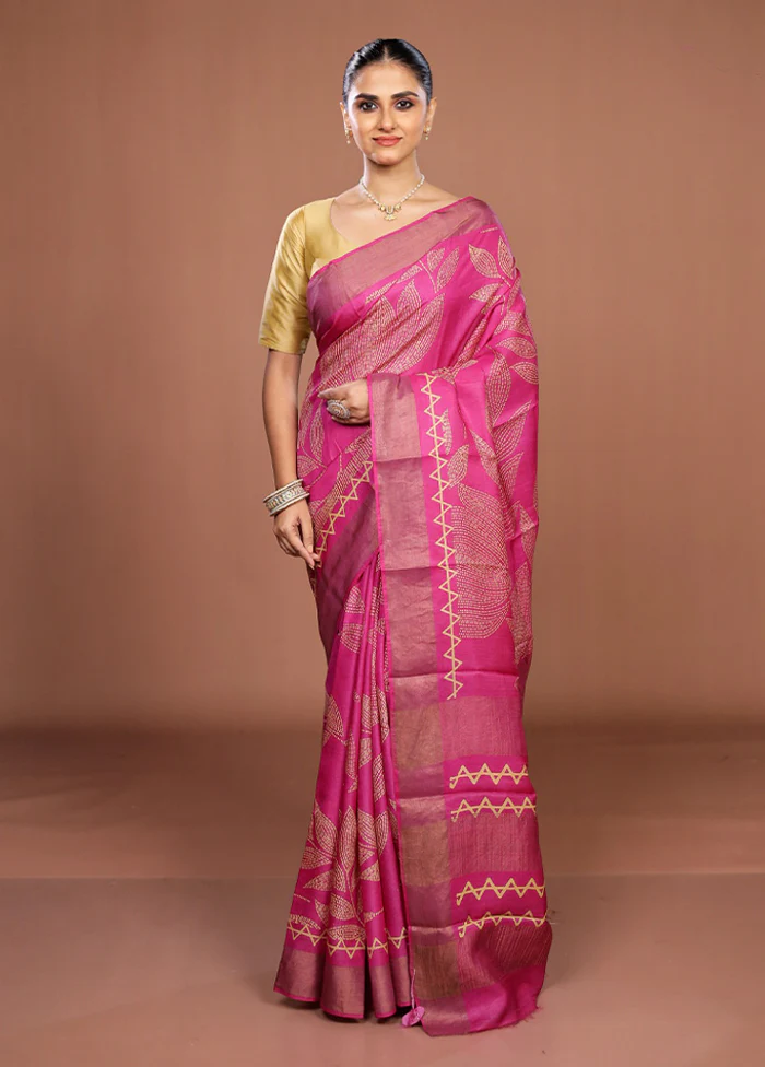 Pink Handloom Tussar Pure Silk Saree With Blouse Piece - Image 2