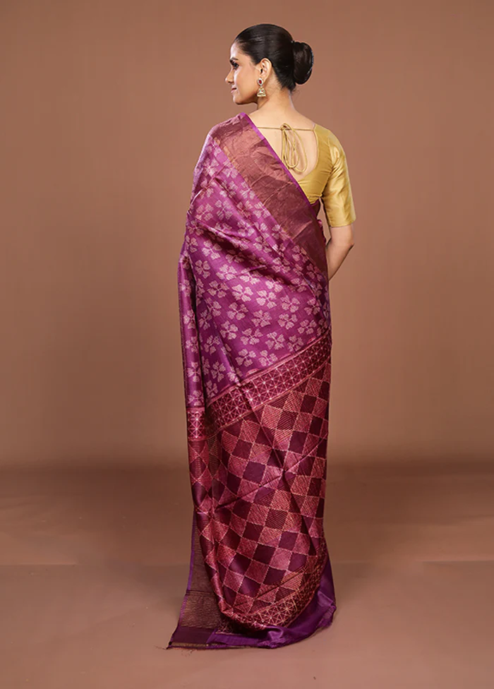 Pink Handloom Tussar Pure Silk Saree With Blouse Piece - Image 3