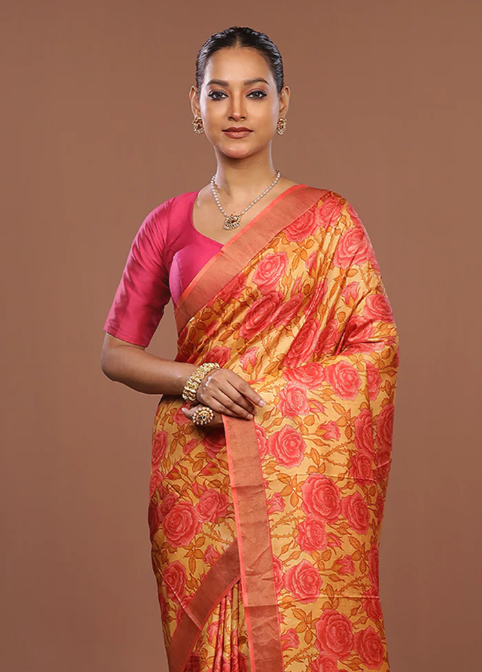 Yellow Handloom Tussar Pure Silk Saree With Blouse Piece